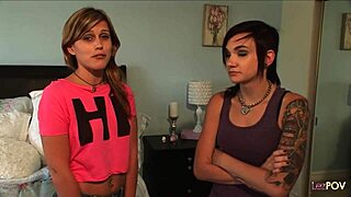 Stealing brunette lesbian's clothes sparks wild ass eating. Scissoring heats up on the bed.
