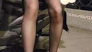 Shemale Ting Xuan in Office Suit Plays Outdoors with Toy