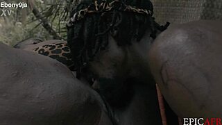 ebony woman bent over for deepthroat blowjob and cumshot on shaved pussy