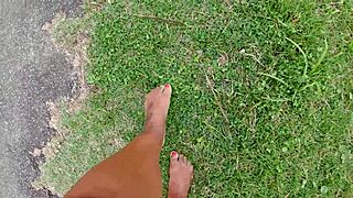 walking barefoot on street and beach, dirtying feet for fetish