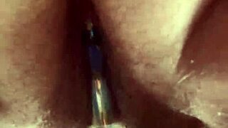 i close up on hairy pussy for glass dildo masturbation
