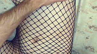 intimate moment with my skinny wife in mesh stockings
