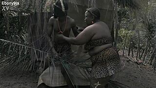 ebony woman bent over for deepthroat blowjob and cumshot on shaved pussy