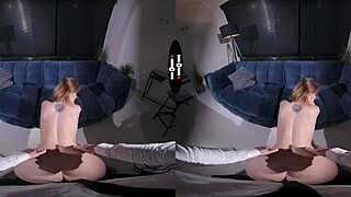 in dark room vr, the redhead gets punished with blowjob and handjob on shaved pussy