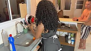 Black Employee Seductively Fucks Boss's Young Son on Her Hair