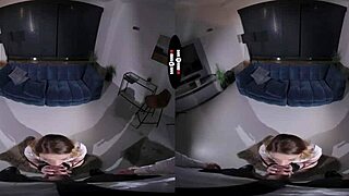 in dark room vr, the redhead gets punished with blowjob and handjob on shaved pussy