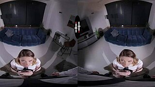 in dark room vr, the redhead gets punished with blowjob and handjob on shaved pussy
