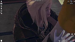 Honey Select 2 videogame features blonde in white lingerie getting whipped and fucked.