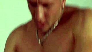 intriguing brunette in lingerie enjoys blowjob during threesome