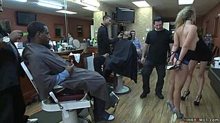 blonde gets haircut at barbershop