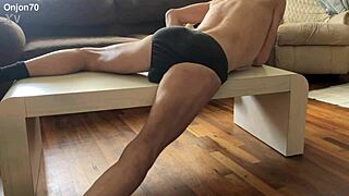 want to see this aggressive myofascial stretching on the desk in underwear?