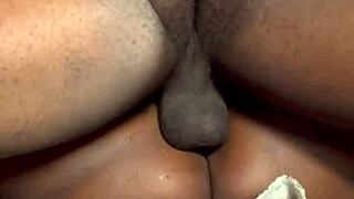 Wow, ebony babe rides big cock in cowgirl and doggy for creampie!