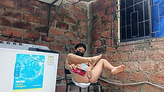 my slutty neighbor shows her pussy under her dress in the yard.