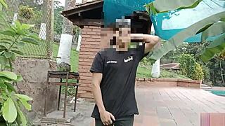 Risky outdoor blowjob with big-ass stepsister