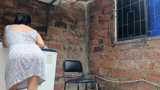 my slutty neighbor shows her pussy under her dress in the yard.