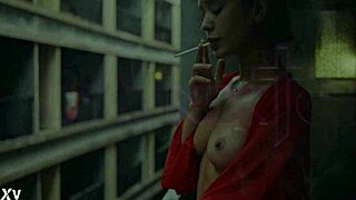 skinny tattooed asian babe dances, strips, and pleasures herself while smoking