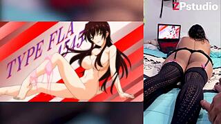 Reacting to hentai blowjobs with semen in throat and big tits, loving how stepbrother shows my panties.