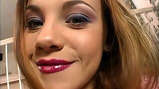 Teen Gauge in heels and stockings sucks two cocks before getting fucked doggystyle in bed