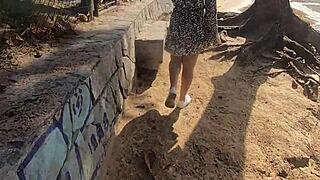 Bold african novinha flashes wet pussy on usa beach in public thong bikini for exhibitionism punishment.