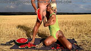 Hot blonde gives delicious blowjob outdoors on hot day, deepthroat cum in mouth