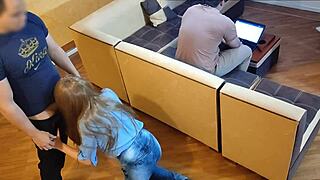 Man, I'm such a hot wife! If my husband won't fuck me, his friend will bang me like a whore while he works on his laptop.