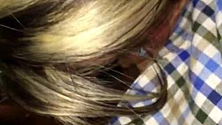 Mature blonde sucks young cock in public