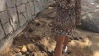 Bold african novinha flashes wet pussy on usa beach in public thong bikini for exhibitionism punishment.