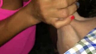 Mature blonde sucks young cock in public