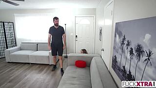 mischievous petite blonde teen catches tall stepbro jerking off and joins in deepthroat sex