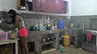 Horny Latina housewives tease each other during lunch prep