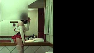 hot crossdresser in schoolgirl fantasy uniform showing her ass