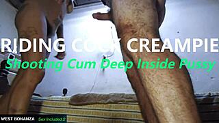 Riding and receiving a creampie with cum deep inside pussy