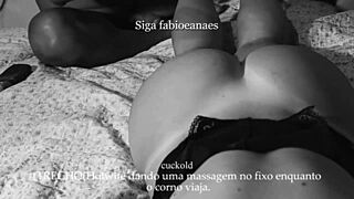 Hotwife safada massages huge cock while cuckold travels and films.