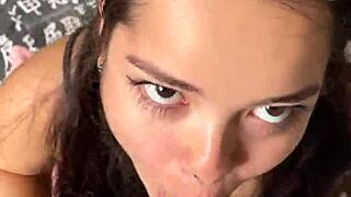 Cute submissive girlfriend intensely deepthroats big cock with sloppy blowjob