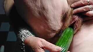 Grandma Fucks Hairy Pussy With Cucumber