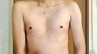 Skinny guy masturbates his big monster cock