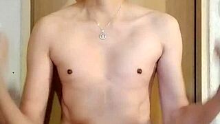 Skinny guy masturbates his big monster cock