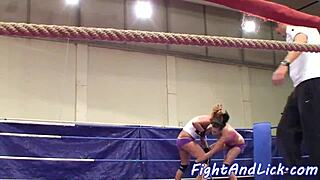 wild eurobabes having an intense wrestling fight in the ring.