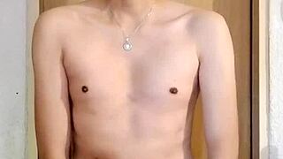 Skinny guy masturbates his big monster cock