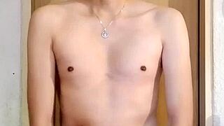 Skinny guy masturbates his big monster cock