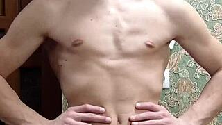 Skinny boy flexes intensely in underwear