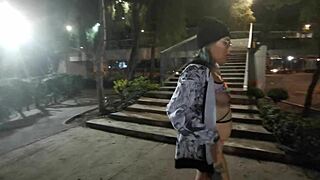 Strolling in a thong outdoors