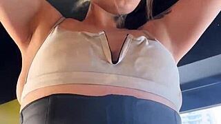 Gym Halloween Fantasy: Skinny Blonde Arouses Bodybuilders