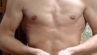 Skinny boy flexes intensely in underwear