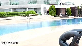 Latex flexi doll ballerina in lingerie catsuit outdoor fetish pose