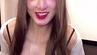 Cute Japanese shemale masturbates while streaming big tits.