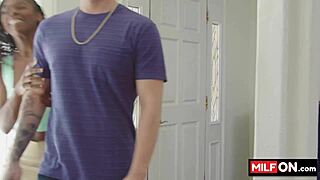 busty blonde milf and her black friend with young dude using vr porn