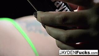 Jayden jaymes, brunette babe, plays with her big tits and tight wet pussy solo