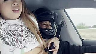 Cambodian teen almost crashes car while riding big black cock outdoors.