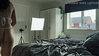 Bikini stepdaughter jerks father in law onto big tits cumshot